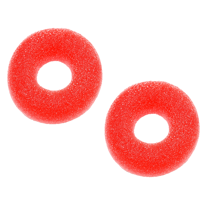 Aros de fresa pica recubiertos de azúcar ácido con forma de anillo rojo