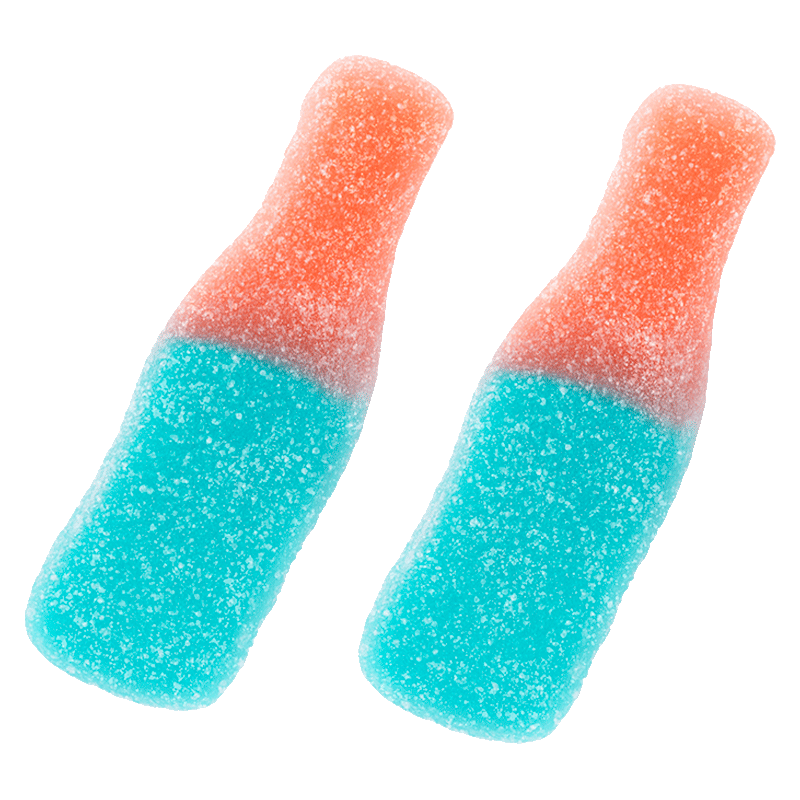 Botellas tutti pica ácidas con azúcar y colores azul y rojo