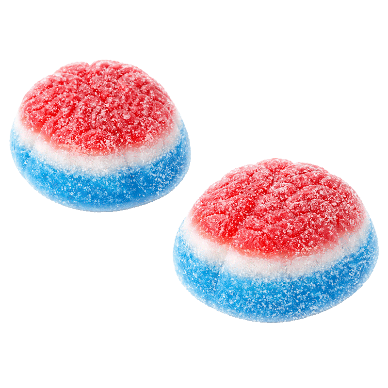 Cerebros rellenos pica de gelatina con recubrimiento ácido y centro jugoso
