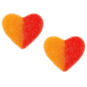 Corazones de melocotón recubiertos de azúcar en tonos naranja y rojo