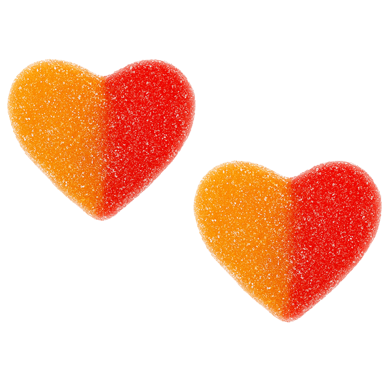 Corazones de melocotón recubiertos de azúcar en tonos naranja y rojo
