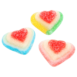 Corazones 3D de gelatina recubiertos de azúcar con diseño multicolor y forma de corazón