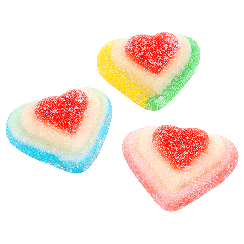 Corazones 3D de gelatina recubiertos de azúcar con diseño multicolor y forma de corazón