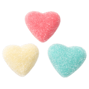 Corazones batidos surtidos de gelatina recubiertos de azúcar en colores rosa, blanco y azul