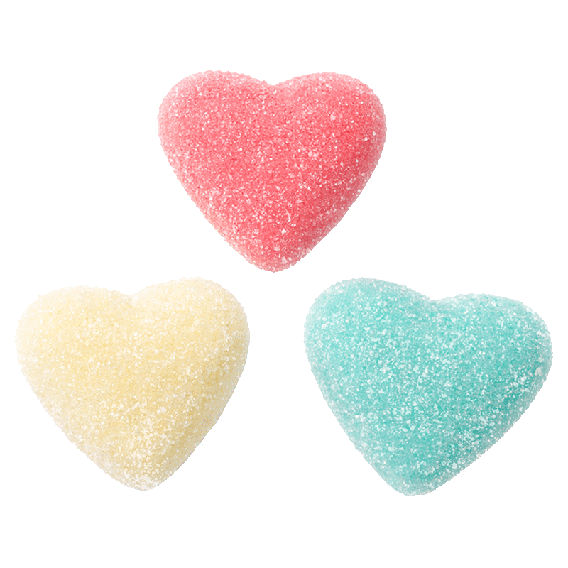 Corazones batidos surtidos de gelatina recubiertos de azúcar en colores rosa, blanco y azul