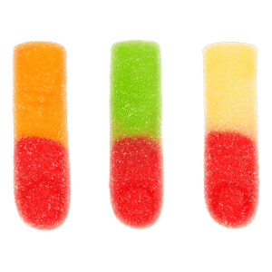 Dedos pica ácidos surtidos con azúcar en colores rojo, verde y naranja