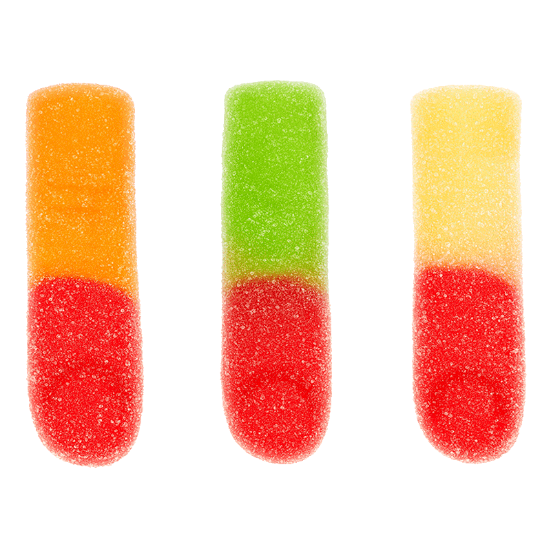 Dedos pica ácidos surtidos con azúcar en colores rojo, verde y naranja