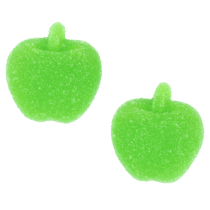 Gominolas de manzana verdes recubiertas de azúcar con forma de manzana