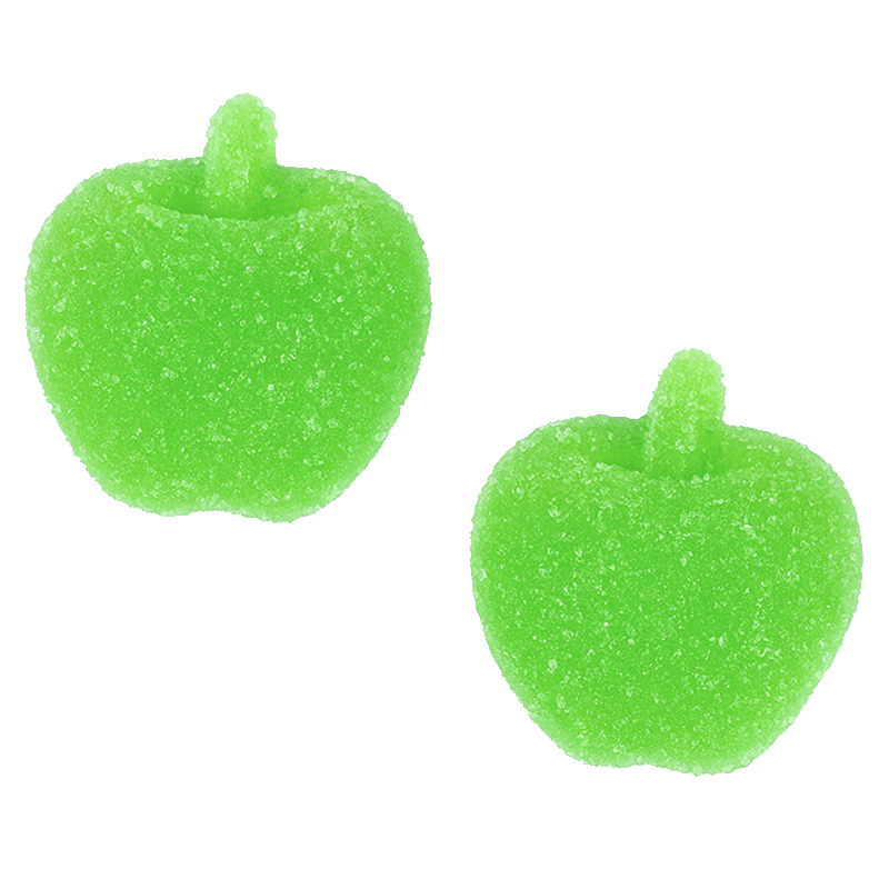 Gominolas de manzana verdes recubiertas de azúcar con forma de manzana