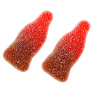 Mini botellas de gelatina sabor cherry cola con recubrimiento ácido y textura azucarada