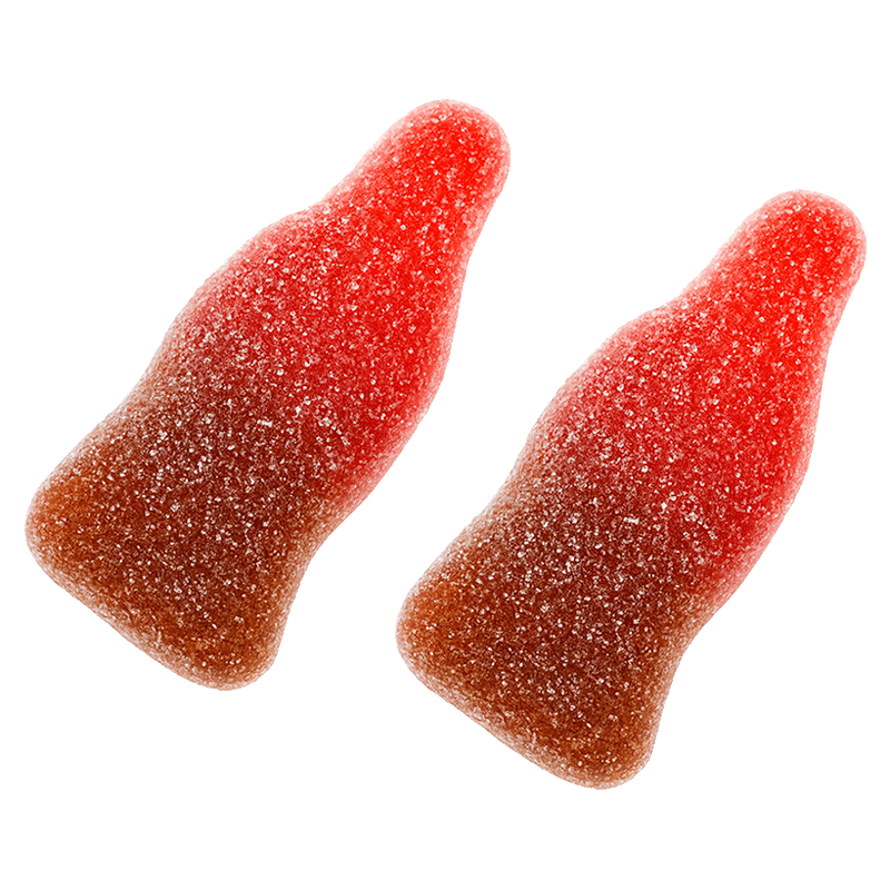 Mini botellas de gelatina sabor cherry cola con recubrimiento ácido y textura azucarada