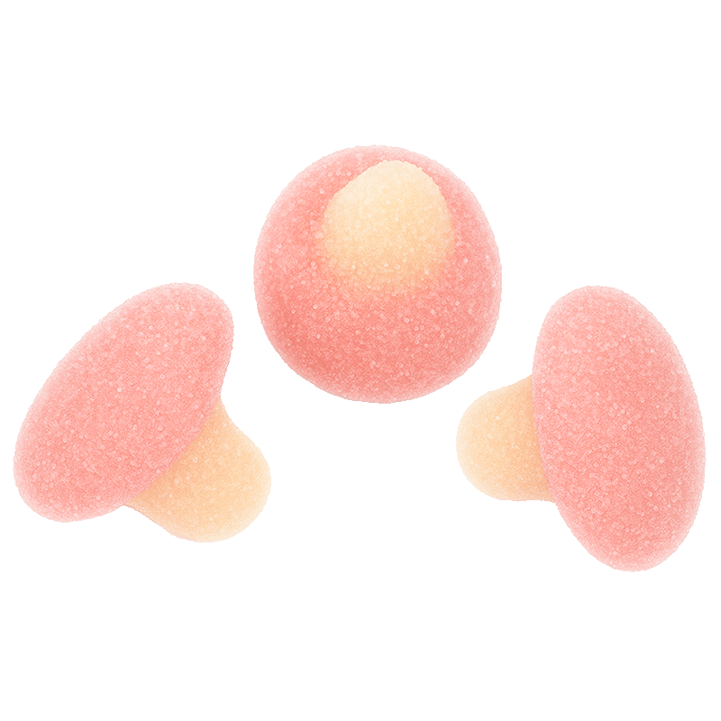 Mini champiñones azúcar de gelatina rosa y blanco con recubrimiento dulce