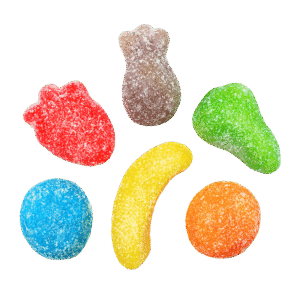 Mini frutas pica de gelatina con formas surtidas y cobertura ácida