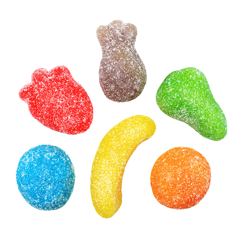 Mini frutas pica de gelatina con formas surtidas y cobertura ácida