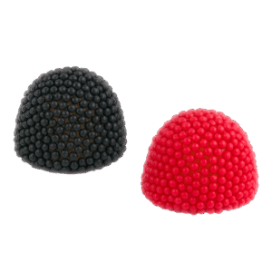 Mini Moras Bosque de golosina con cobertura de bolitas crujientes en colores rojo y negro