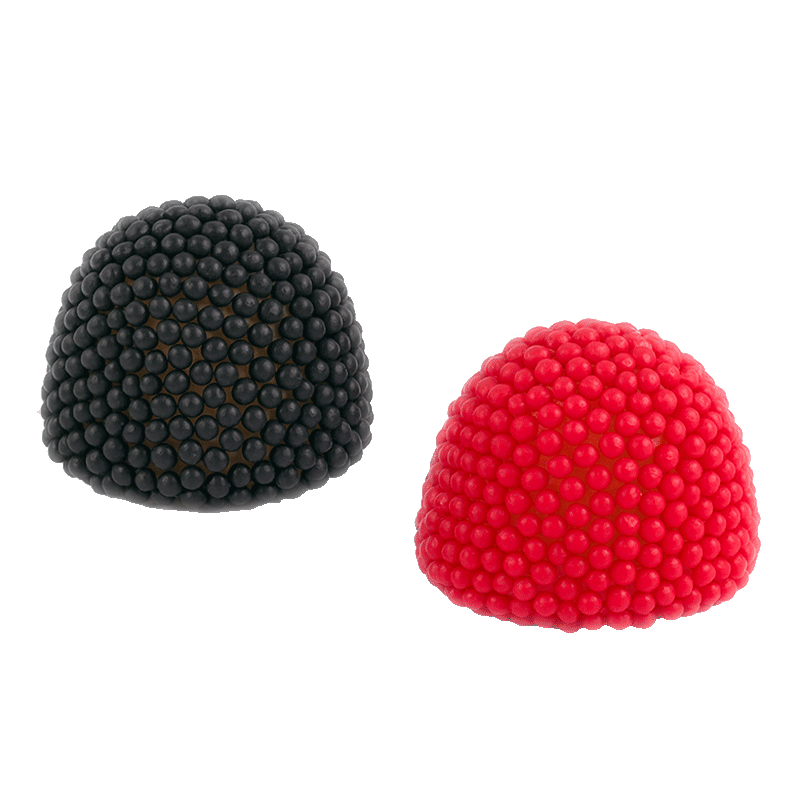 Mini Moras Bosque de golosina con cobertura de bolitas crujientes en colores rojo y negro