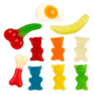 Mix de gominolas brillo surtidas con formas de osos, cerezas, huevos fritos, plátanos y huesos