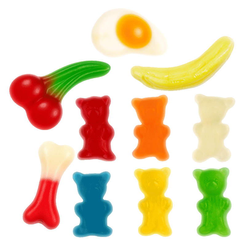 Mix de gominolas brillo surtidas con formas de osos, cerezas, huevos fritos, plátanos y huesos