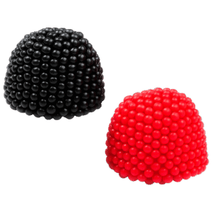 Gominolas moras del bosque rojas y negras con recubrimiento de perlitas crujientes