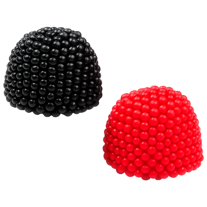 Gominolas moras del bosque rojas y negras con recubrimiento de perlitas crujientes