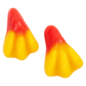 Gominolas con forma de patas de pollo en colores rojo y amarillo con acabado brillante