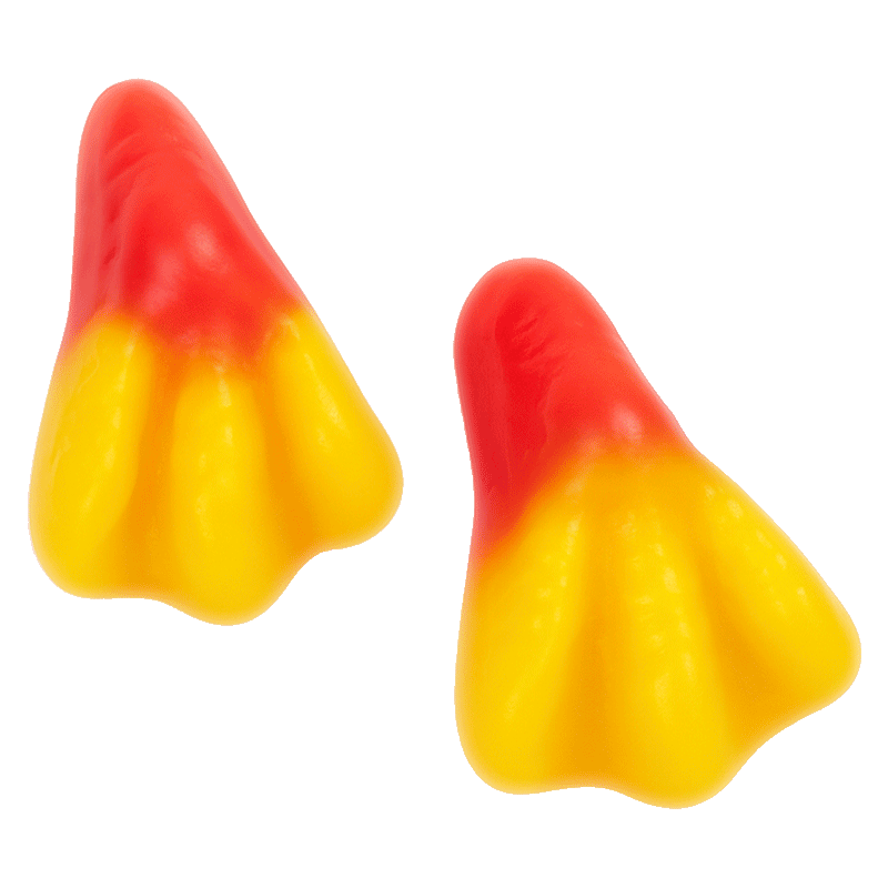 Gominolas con forma de patas de pollo en colores rojo y amarillo con acabado brillante