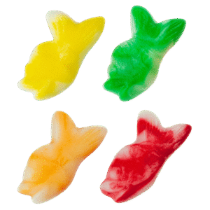 Gominolas con forma de peces en colores surtidos con acabado brillante
