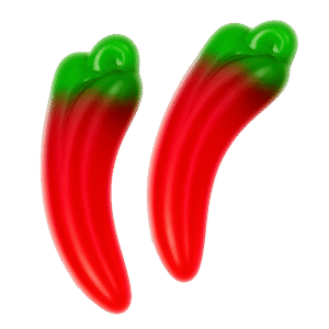 Gominolas con forma de pimientos rojos y verdes con acabado brillante