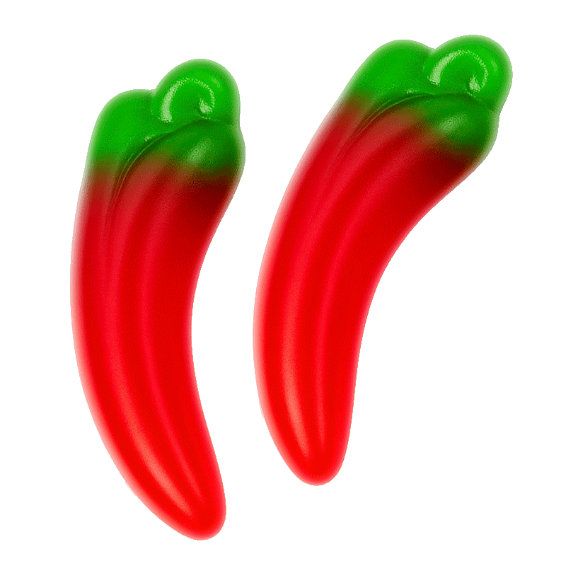 Gominolas con forma de pimientos rojos y verdes con acabado brillante