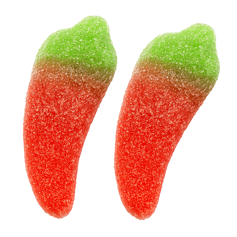 Pimientos Picantes Pica Dulceplus con forma de chile, recubiertos de azúcar ácido y sabor afrutado
