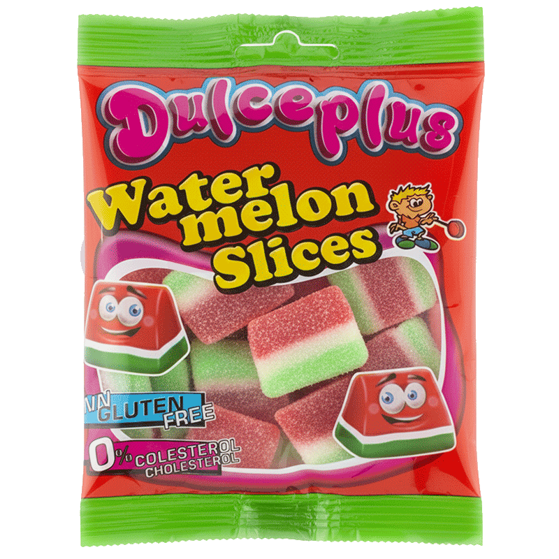 Tajadas Sandía Pica 100g Dulceplus con golosinas de sandía recubiertas de azúcar ácido