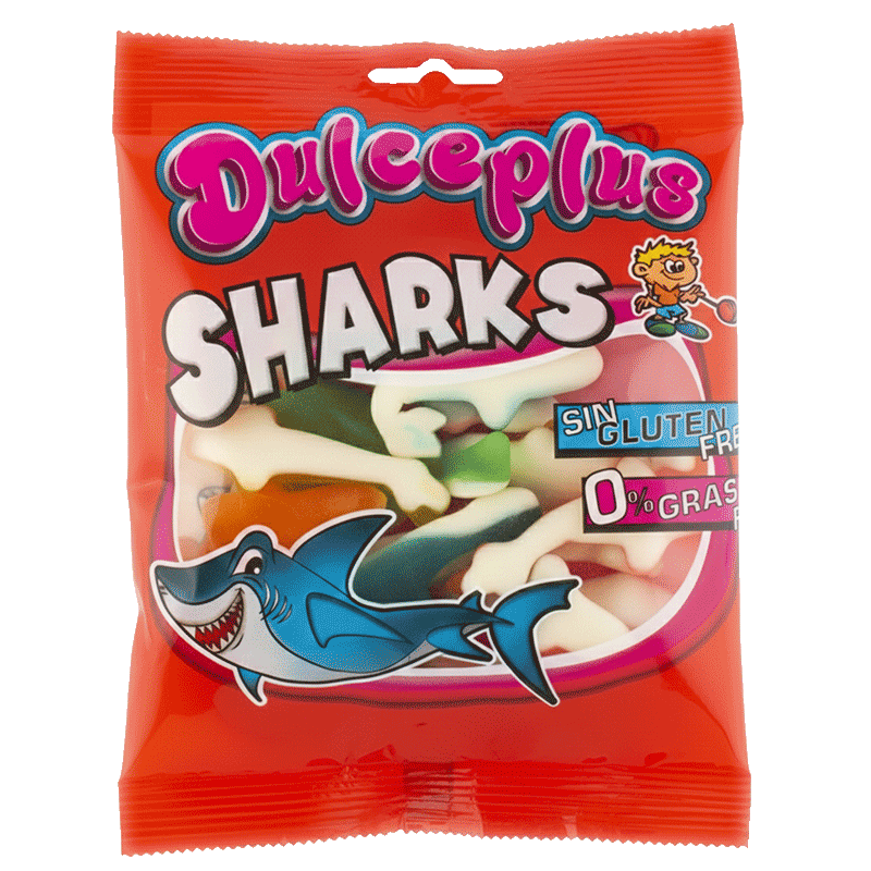 Tiburones Surtido Brillo 100g Dulceplus con golosinas blandas en forma de tiburón
