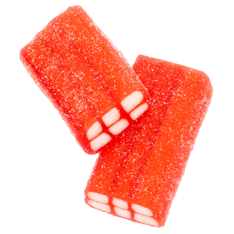 Ladrillos Fresa Pica Dulceplus con cobertura de azúcar ácido y sabor intenso a fresa