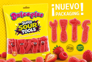 Dulceplus Super Sour Tools sabor fresa, gominolas ácidas con forma de herramientas en bolsa de 90 g, nuevo packaging.