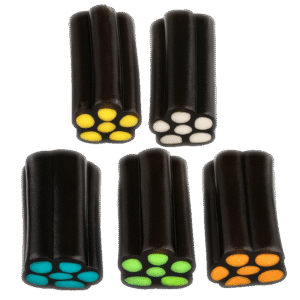 Pistones Regaliz Surtido Brillo Dulceplus con rellenos de sabores variados y cobertura de regaliz brillante
