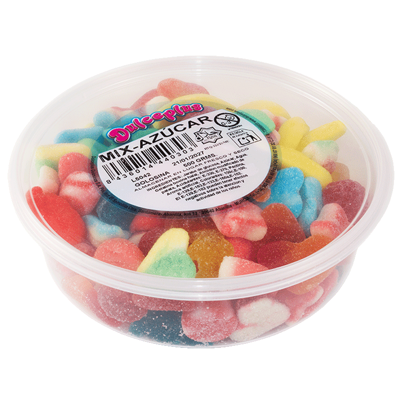 Tarrina Mix Azúcar Dulceplus 500g con surtido de golosinas azucaradas de diferentes formas y sabores