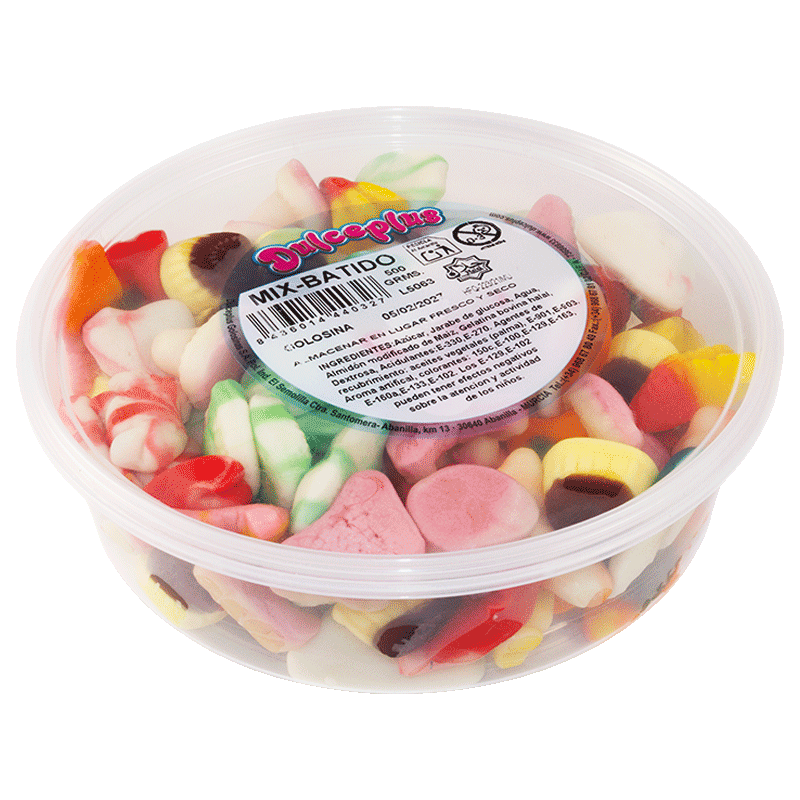 Tarrina Mix Batido Dulceplus 500g con surtido de golosinas de sabores cremosos y afrutados