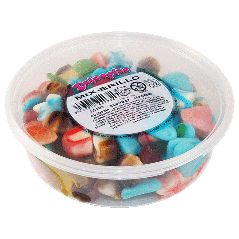 Tarrina Mix Brillo Dulceplus 500g con surtido de golosinas brillantes de diferentes formas y sabores