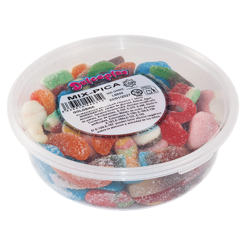 Tarrina Mix Pica Dulceplus 500g con surtido variado de golosinas recubiertas de azúcar ácida