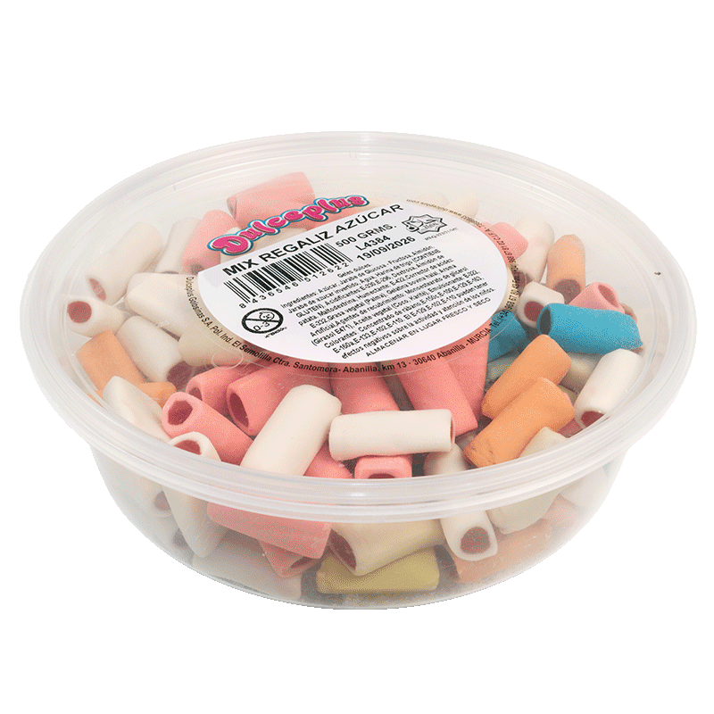 Tarrina Mix Regaliz Azúcar Dulceplus 500g con surtido de regalices rellenos y recubiertos de azúcar