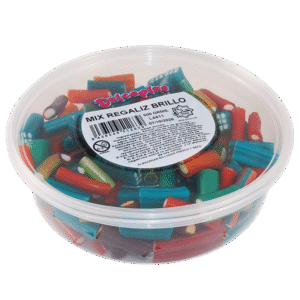 Tarrina Mix Regaliz Brillo Dulceplus 500g con surtido de regalices de colores y acabado brillante