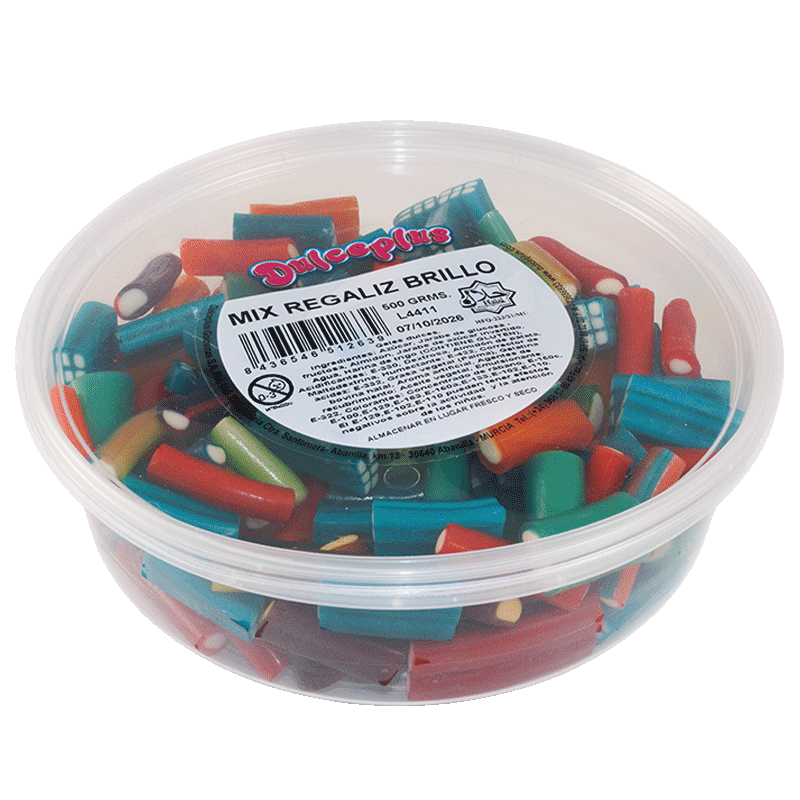 Tarrina Mix Regaliz Brillo Dulceplus 500g con surtido de regalices de colores y acabado brillante