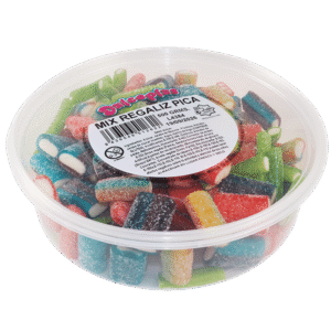 Tarrina Mix Regaliz Pica Dulceplus 500g con surtido de regalices ácidos de colores variados