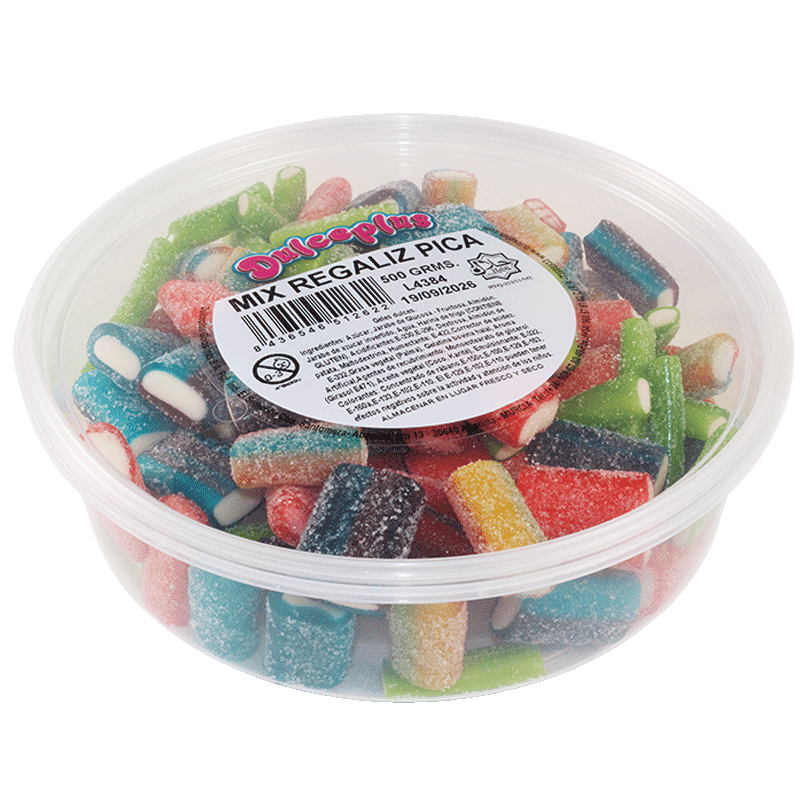 Tarrina Mix Regaliz Pica Dulceplus 500g con surtido de regalices ácidos de colores variados