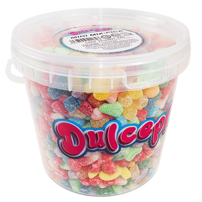 Tarrina Mini Mix Pica Dulceplus 3kg con surtido de mini golosinas recubiertas de azúcar ácida
