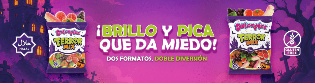 Golosinas Terror Mix de Dulceplus en formatos brillo y pica sobre fondo de Halloween