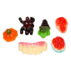 Gominolas de Halloween en formas de calaveras, arañas, cerebros, calabazas, brujas y dentaduras con acabado brillante