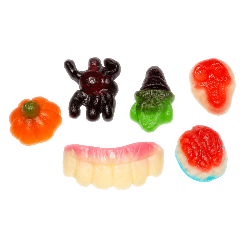Gominolas de Halloween en formas de calaveras, arañas, cerebros, calabazas, brujas y dentaduras con acabado brillante